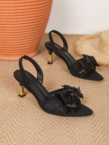 Giày sandal cao gót mũi nhọn, phối ren lưới, thắt nơ, thời trang dự tiệc dành cho nữ, kiểu dáng slip-on, thoải mái, cao cấp, thích hợp cho mùa xuân/hè, đa năng, thanh lịch, phù hợp cho các buổi tụ họp ngoài trời và tiệc chiêu đãi. - màu đen - Xem 7