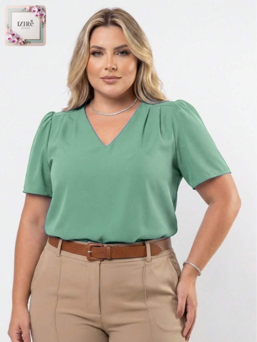 Women's Plus Size Elegant Short-Sleeve Modern Blouse In Duna Fabric, Sizes GG, G1, G2, G3, Summer/Work - 薄荷綠 - 查看 1