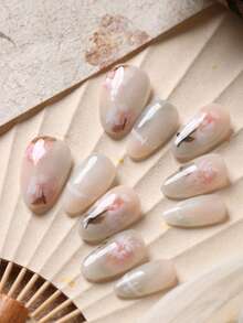 10pcs Acrylic Press On Nails Pink Light Gray White Flower Nails Press On Nail Supplies Fake Nails Short Office DailyWear False Nails Artificial Nails Kit Includes 1sheet Adhesive Tabs &1 Pc Mini File - Multicolor - View 1