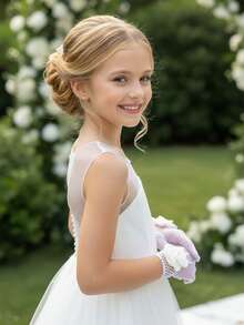 1 双儿童黑白花卉图案弹力网眼手套，适合 4-12 岁儿童 - 1Pair - 查看 11