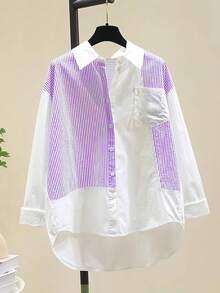 Striped Patchwork Design Casual Loose Blouse Shirt, Fashionable For Women, Spring/Autumn