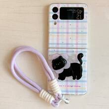 Plaid Purple & Black Cat Folding Phone Case For Samsung Z Flip3/4/5/6/7, Gradient Lanyard Sweet Girl Protective Cover - Multicolor - View 5