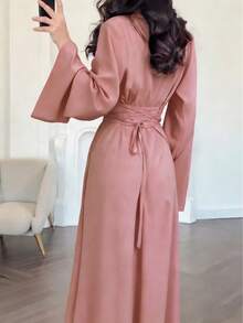 Elegant Women's Pink High Neck Long Dress With Flared Sleeves And A-Line Skirt, Suitable For Party Wear Spring - Coral Pink - View 4