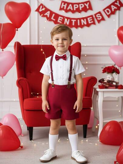 BOARNSEORL Conjunto de verano para niños pequeños tipo caballero, camisa blanca de manga corta con corbata de moño y pantalones rojos con tirantes, elegante y apuesto para fiesta de cumpleaños, ocasión formal, pajecito de boda