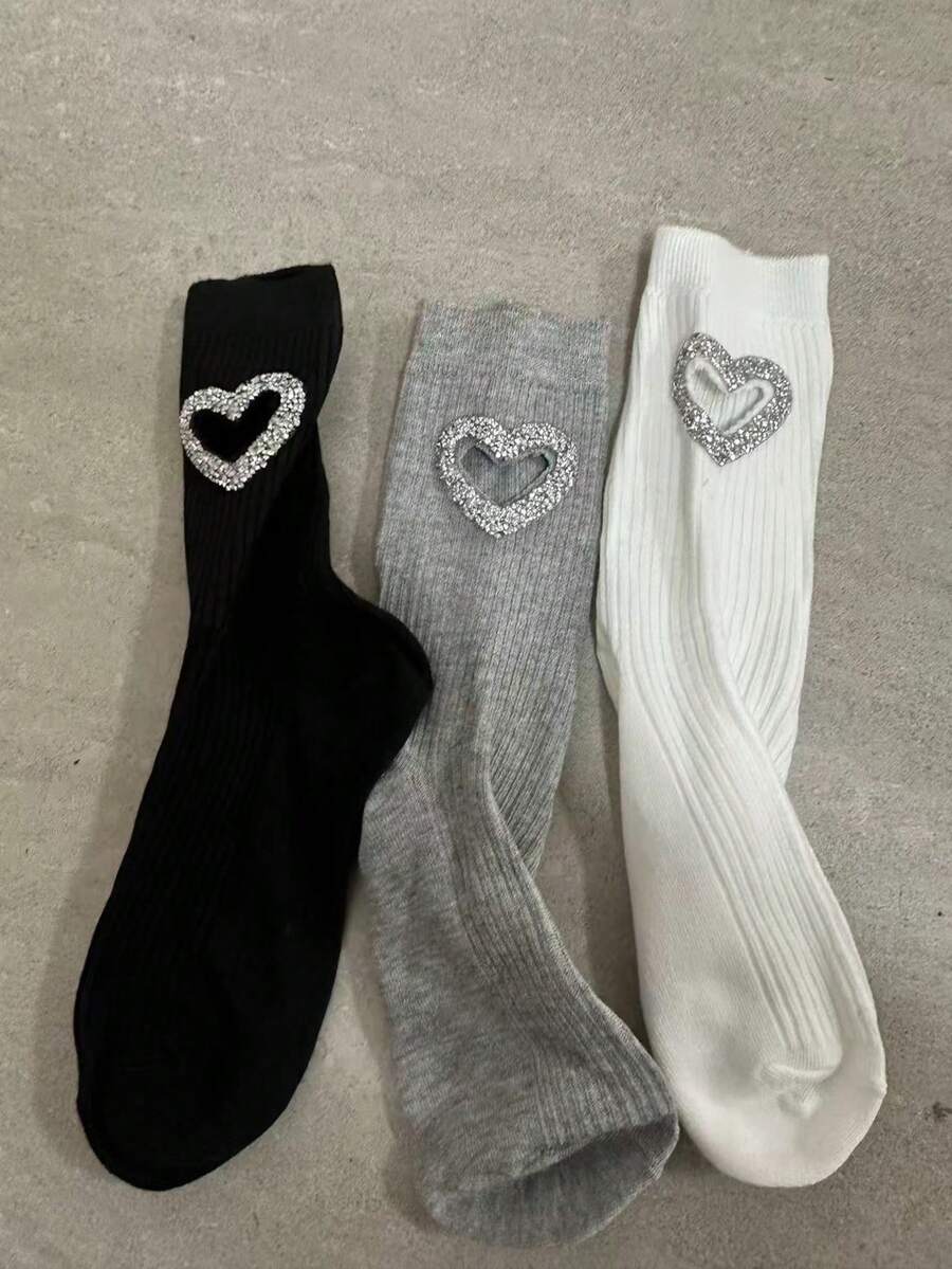 Valentine's Day New Arrival Heavily Embellished Heart Hollow Out Pink Mid-Calf Socks, Unique Design Socks - Multicolor - View 1