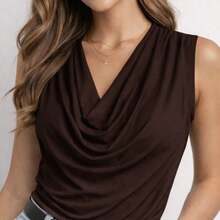 Sleeveless Blouse With A Draped Neckline, Loose Fit, No Padding, In Supplex Fabric, Elegant, Casual, And Social Style. - 鏽棕色 - 查看 3