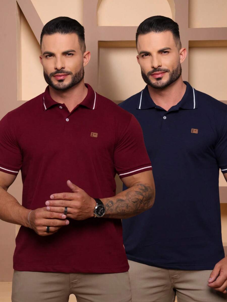 Kit Of 2 High Quality Polo Shirts 100% Cotton Men's Basic T-Shirt Autumn Spring Spring/Autumn Summer Winter All Spring/Summer Autumn/Winter Spring/Summer/Autumn Regular Fit Christmas Thanksgiving Valentine's Day Pride Month Teacher's Day Father's Day Polo Shirt - Marsala và Hải quân - Xem 1