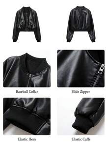 Women's Faux Leather Baseball Jacket, Casual Street Style Outerwear - Black - View 4
