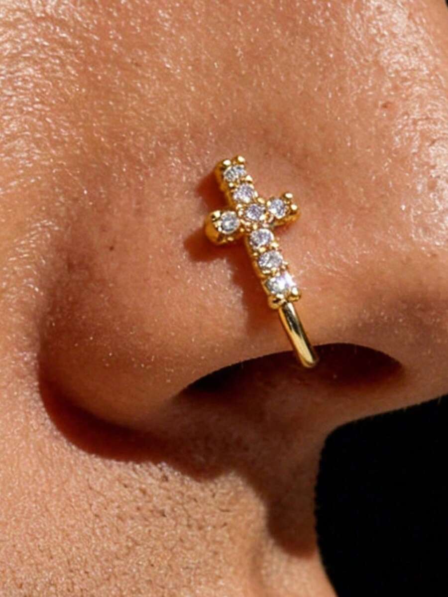 1pc Fashion Cubic Zirconia Cross Fake Nose Ring, Suitable For Men's Daily Wear - Yellow Gold - View 1