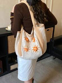 New Summer Vacation Style Casual Fashion Straw Tote Bag For Women, Large Capacity Shoulder Bag - Beige - View 4