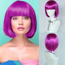 Fashionable Women's Bobbed Wig With Short Bangs, Multicolor Anime Cosplay Wigs For Party, Available In Pink, Green, Black, Gold, Red, Brown, Blue, White, Purple, Orange, Yellow, Rainbow And Other Vibrant Colors, Suitable For Holidays, Anime Conventions, Celebrations, Daily Wear, Also Makes A Great Birthday Gift. Retro 80s Punk Rock Style Wigs Also Available. - DW6106-màu tím - Xem 13
