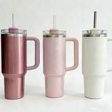 STANLEYO Stylish Multi-Color Insulated Travel Tumbler – Glossy White / Metallic Rose Gold / Shimmer Blush Pink – Double-Wall Stainless Steel Cup With Handle & Metal Straw, Leak-Proof Reusable For Coffee, Tea & Smoothies | Ideal Gift For Christmas, Halloween & More For Family & Friends - 彩色 - 查看 6