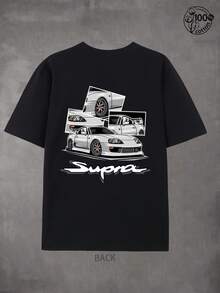 Vintage Black Pure Cotton T-Shirt With Supra Car Graphic, Casual Crew Neck For Men, Spring/Summer, Retro Racing Style, Streetwear - 黑色 - 查看 4