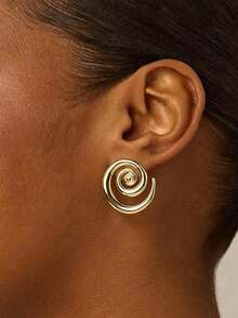 1 Pair Minimalist Spiral Stud Earrings For Women, Large Geometric Dangle Gold Earrings Suitable For Everyday Wear And Holidays - Gold - View 1
