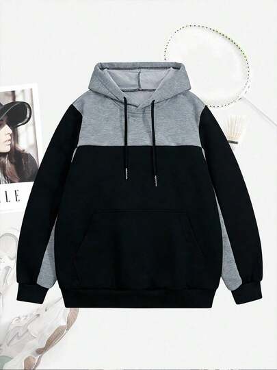 女士宽松撞色连帽衫，舒适透气，适合户外徒步和休闲活动