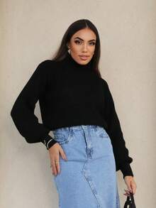 Cropped Knit High Neck Cacharrel Puff Sleeve - Black - View 5
