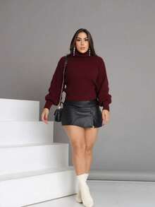 Cropped Knit High Neck Cacharrel Puff Sleeve - Burgundy - View 6