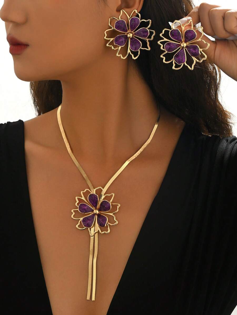 3pcs/Set Summer Fashion Bohemian Colorful Hollow Flower Necklace + Earrings Jewelry Set For Women, Suitable For Casual, Beach, Date, Party, Gift - Golden Purple - View 1