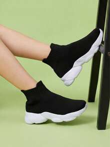 Kids High Top Casual Sneakers, Black, Knitted Slip-On Sport Shoes, Lightweight & Comfortable