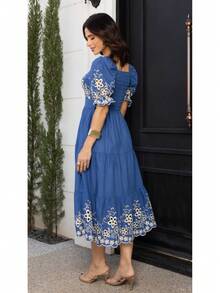 Elegant Midi Dress In 3D Lace, Lined, With Puff Sleeves, Princess Neckline And Full Skirt. - Blue - View 3
