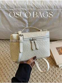 1pc Spring/Summer New PU Leather Woven Texture Square Handbag, Woven Design Dual-Zipper Closure, Fashion Minimalist Elegant Versatile Box Bag Suitable For Commuting, Office, Dating, Daily, Shopping - White - View 10