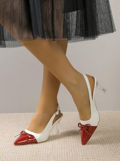 Women's Pointed Toe Bow Decor Stiletto High Heels, Solid Color Party PU Leather Buckle Patchwork, Suitable For Date, Party, Afternoon Tea, Office, All Season