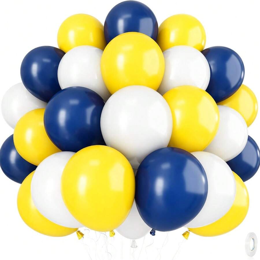 10-Inch Navy Blue, Yellow, White Balloons, Navy Blue, Yellow Latex Balloon Set, Suitable For Boys, Men Birthday, Wedding, Baby Shower, Graduation, Anniversary Party Decoration - Multicolor - View 1