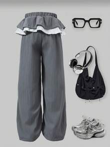 Girls' Casual Gray Patchwork Ruffle Hem Pants, Girls' Striped Ruffle Trim Straight Leg Casual Pants - Grey - View 2