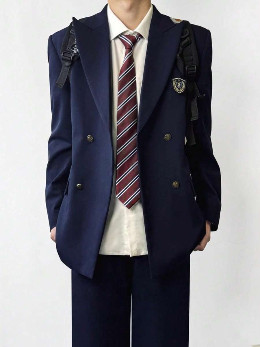 Traje de Uniforme para Hombre | Doble Botonadura, Estilo Colegial Japonés, Color Azul Marino (Gunjo) o Negro, Conjunto Completo - Chaqueta azul marino + pantalón negro + insignia - Ver 1