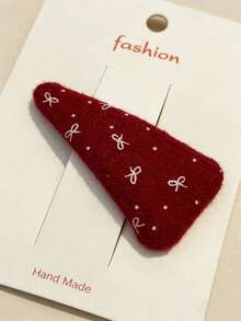 2个可爱蝴蝶结刺绣红色三角形发夹，甜美侧夹，适合日常佩戴（发夹内部图案位置与实物不同，不含卡片。） - 紅色 - 查看 3