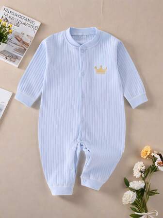 男婴连体衣 新生儿连体衣 蓝色皇冠图案 春秋季儿童开衫睡衣 男女童四季皆宜