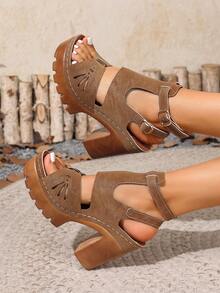 1 Pair Comfortable Versatile High Heel Sandals, Suitable For Going Out, Vacation, And Parties - Brown - View 6