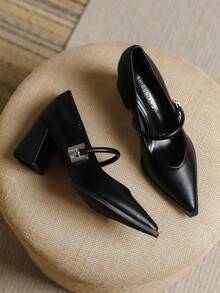 女士时尚 2025 春季新款高跟鞋，休闲纯色米色、黑色、棕色尖头金属装饰优雅简约粗跟乐福鞋 - 黑色 - 查看 6