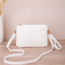 女士单肩包，时尚新款PU皮和编织布装饰，个性化腕包，信封包，休闲手提包 - 白色 - 查看 6