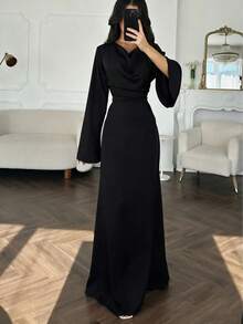 Elegant Women's Black High Neck Dress With Long Flare Sleeves And A-Line Flowy Skirt, Suitable For Party Wear Spring - Black - View 2