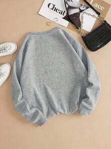 Fashionable Graphic Print Minimalist Niche Gray Women Crew Neck Sweatshirt, Autumn/Winter - 1.5 Gray - View 3