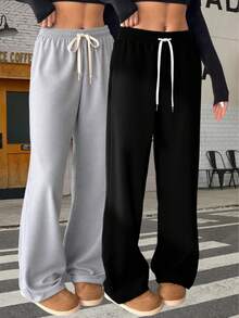 Women's High Waist Drawstring Straight Leg Maxi Pants, Suitable For Daily Wear, Work, Travel And Casual Occasions - Black - View 7