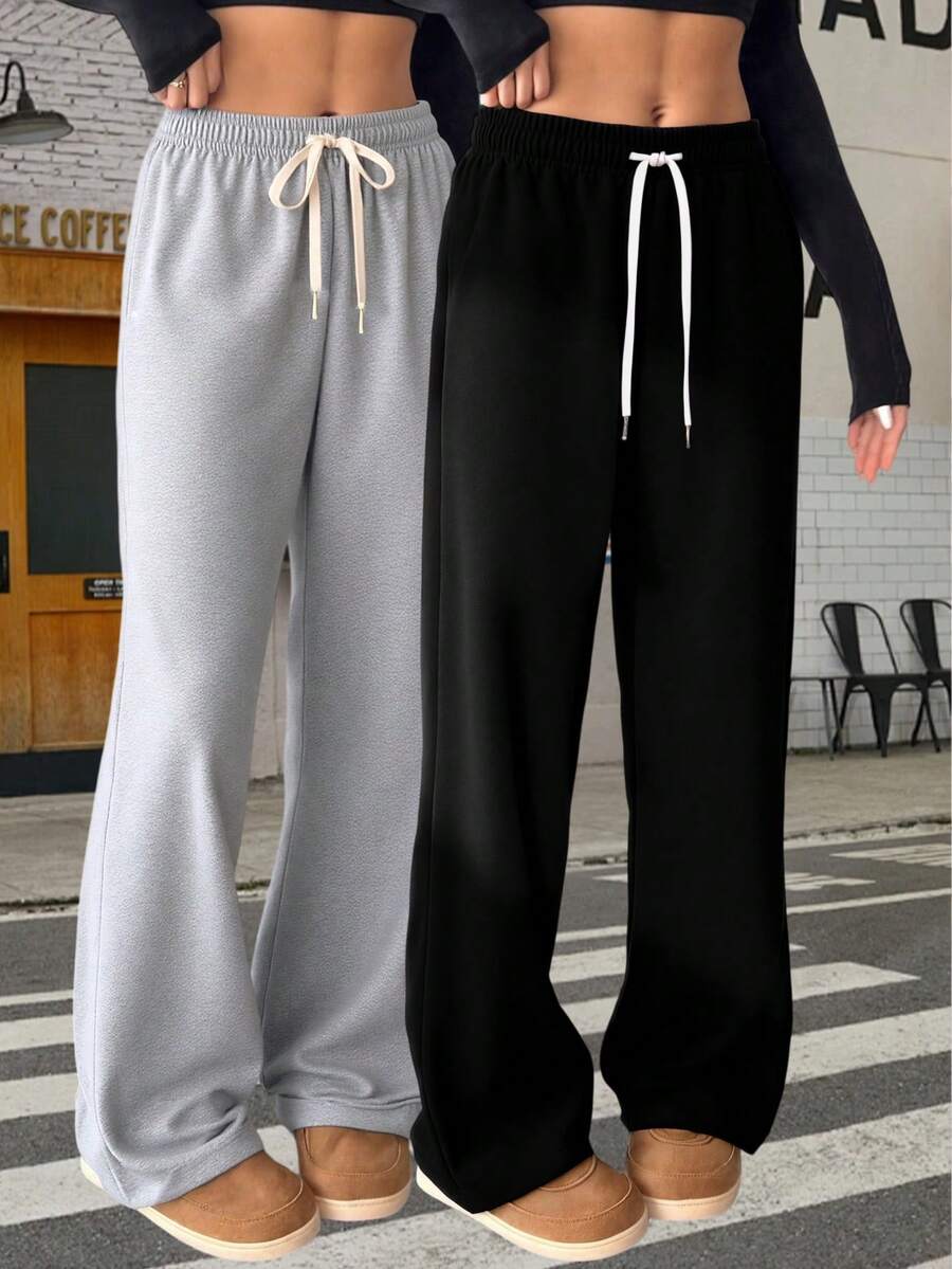 女士高腰抽绳直筒长裤，适合日常穿着、工作、旅行和休闲场合。 - 黑色 - 查看 1