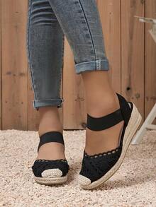 Breathable Rope Wedge Sandals With Closed Toe Design, Fashionable And Lightweight - Black - View 2