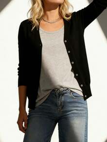 Women's Lightweight V-Neck Cardigan Sweater Solid Color Long Sleeve Slim Fit Jacket - Black - View 5