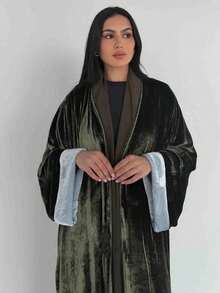 优雅女士长袍，流苏天鹅绒中东风格宽松舒适休闲开衫，长袍，端庄长袖连衣裙，适合秋冬季节穿着（不含头巾） - 綠色 - 查看 3
