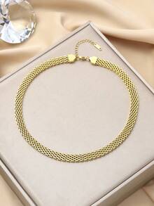 1 Set Stainless Steel Minimalist Grid Chain Necklace And Bracelet Set, Suitable For Women's Daily Wear - Yellow Gold - View 4