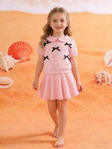 Girls' Fashion Top + Skirt Set, Elastic Waist, Cute Peter Pan Collar Blouse, Breathable For Summer Outings - Pink - View 9