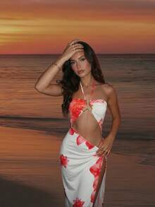 Robe en tricot à col en V sexy avec lien, décolleté ajouré pour femme. Robe mini décontractée à manches longues et couleur unie, couvre-maillot de bain. Robe d'été pour vacances à la plage avec imprimé tropical, dos nu et fente haute - Multicolore - Voir 2