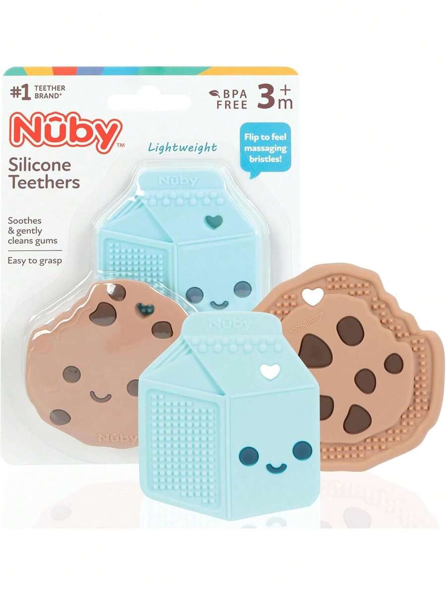 Mordedor de silicona para galletas y leche con chispas de chocolate, paquete de 2, más de 3 meses,40920890 - Azul y blanco - Ver 1