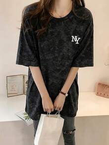 Japanese Style Women's Loose Fit Round Neck Fashionable Versatile Letter Print Tie-Dye Short Sleeve T-Shirt, Spring/Summer - Black - View 2