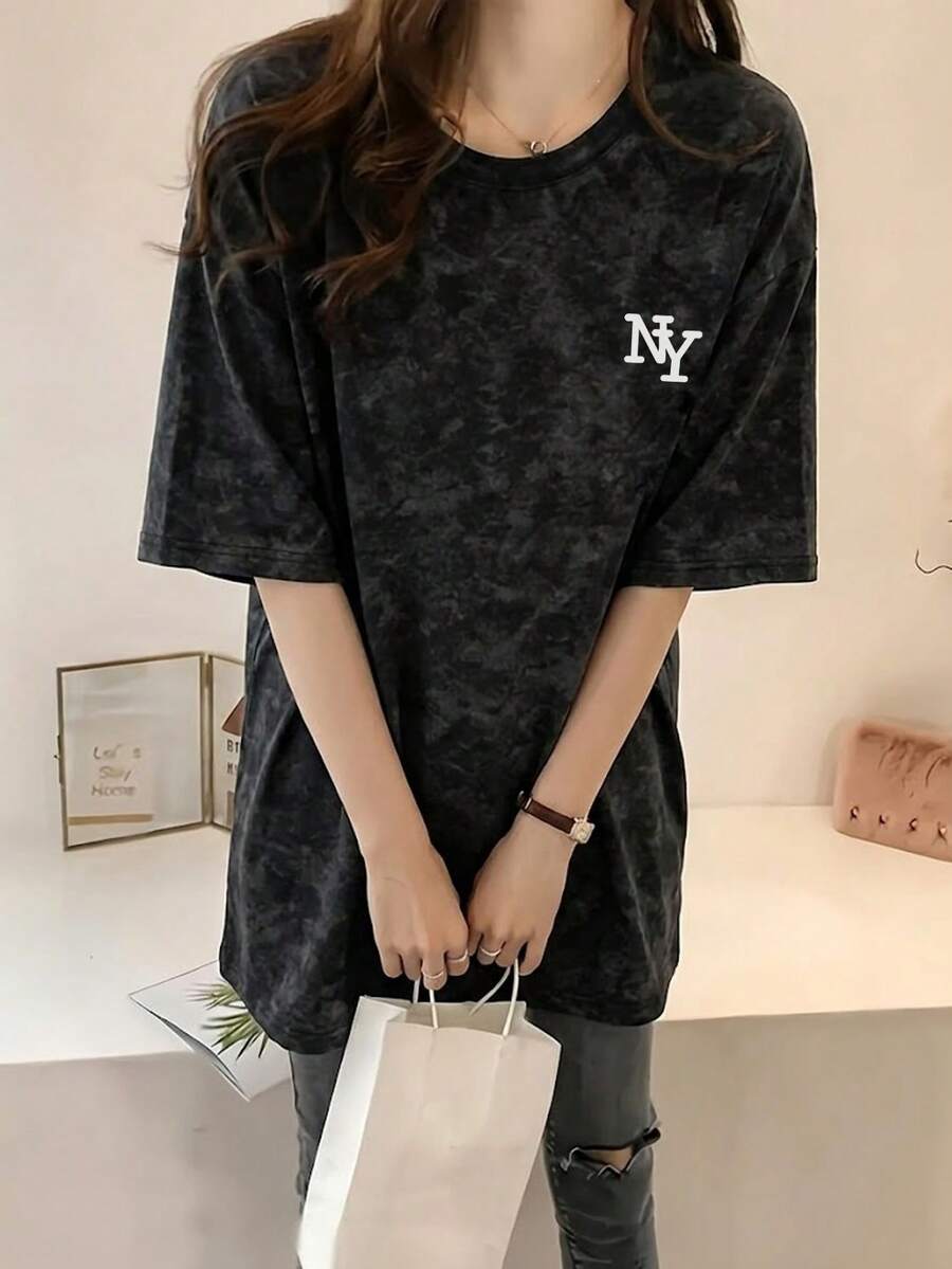 Japanese Style Women's Loose Fit Round Neck Fashionable Versatile Letter Print Tie-Dye Short Sleeve T-Shirt, Spring/Summer - Black - View 1