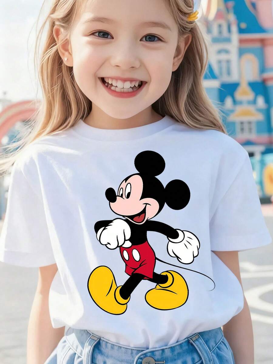 Disney White Background Mickey Mouse Running Pose Classic Print Kids' Short Sleeve T-Shirt - Vibrant And Playful Casual Top - 白色 - 查看 1