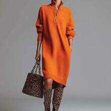 Women's Sweater Dress - Elegant Classic Women's Wear, Exquisite Knitwear With Buttons, High Neck, Pockets, Long Sleeves. Autumn/Winter Fashion, Winter, Casual Elegant Chic Midi Dress - 橘色 - 查看 3