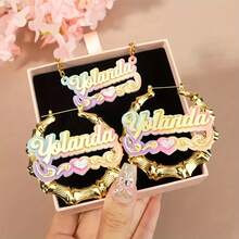 2pcs Customized Set, Includes Personalized Name Acrylic Earrings/Necklace, Suitable For Christmas, Y2K Rainbow Gradient DIY Round Earrings With Letter Tags, Creative English Letter Cuban Link Chain Necklace, New Year Gift - Multicolor - View 6